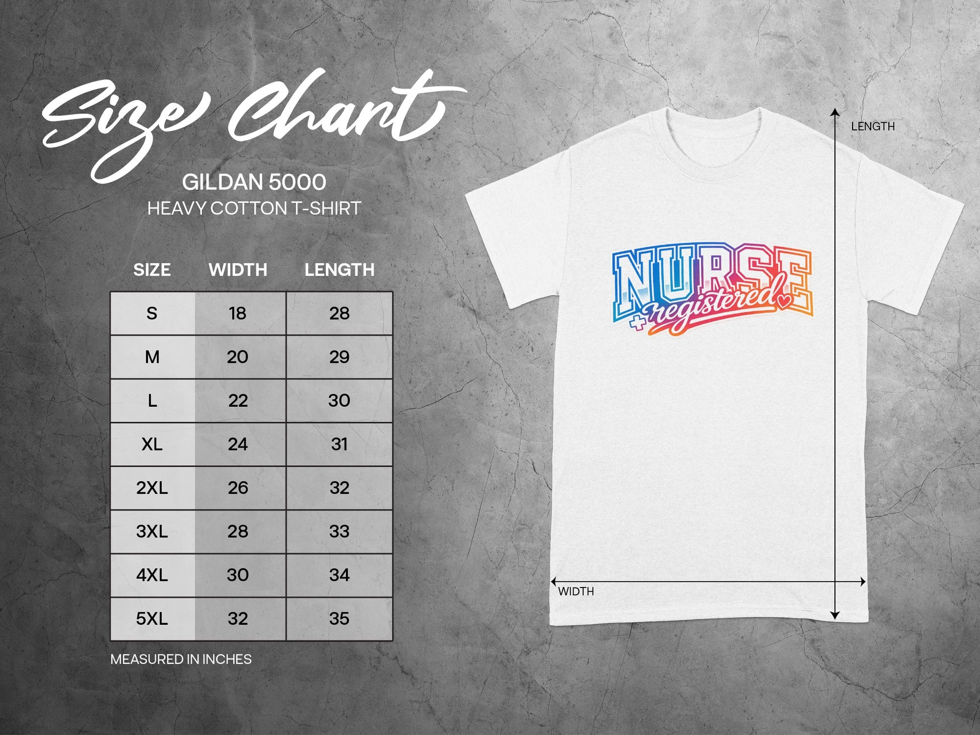 Gildan 5000 t-shirt size chart with width and length measurements in inches.