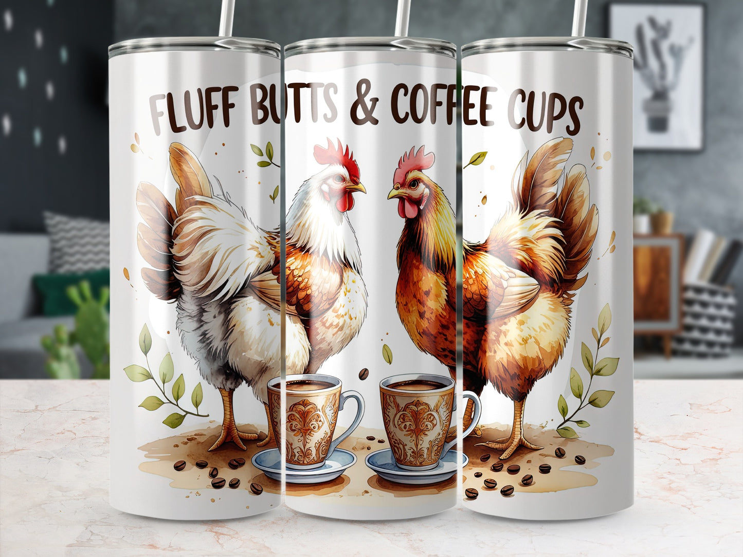 Two roosters stand near coffee cups with text "FLUFF BUTTS & COFFEE CUPS".