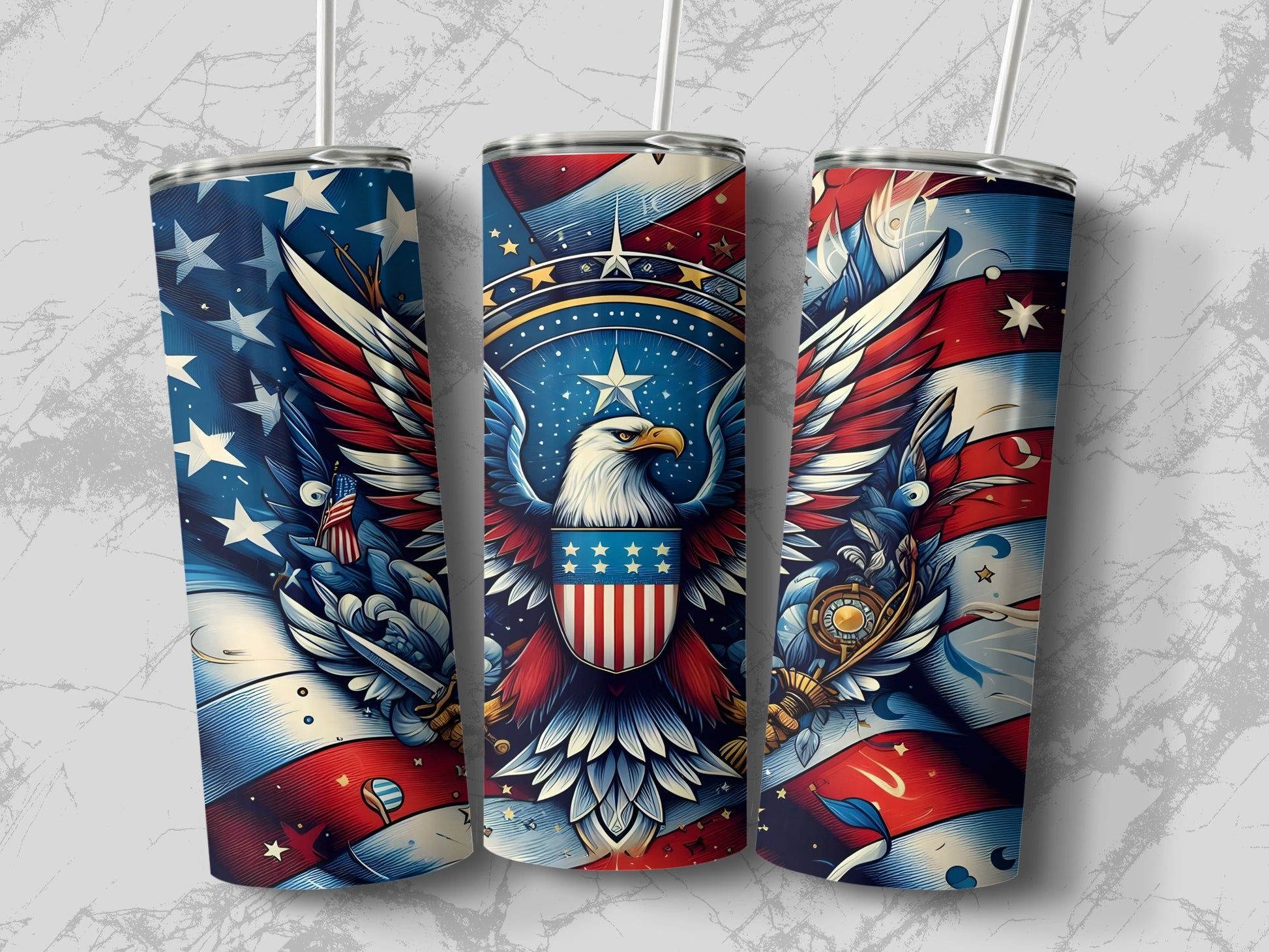 Three tumblers with patriotic eagle and American flag designs.