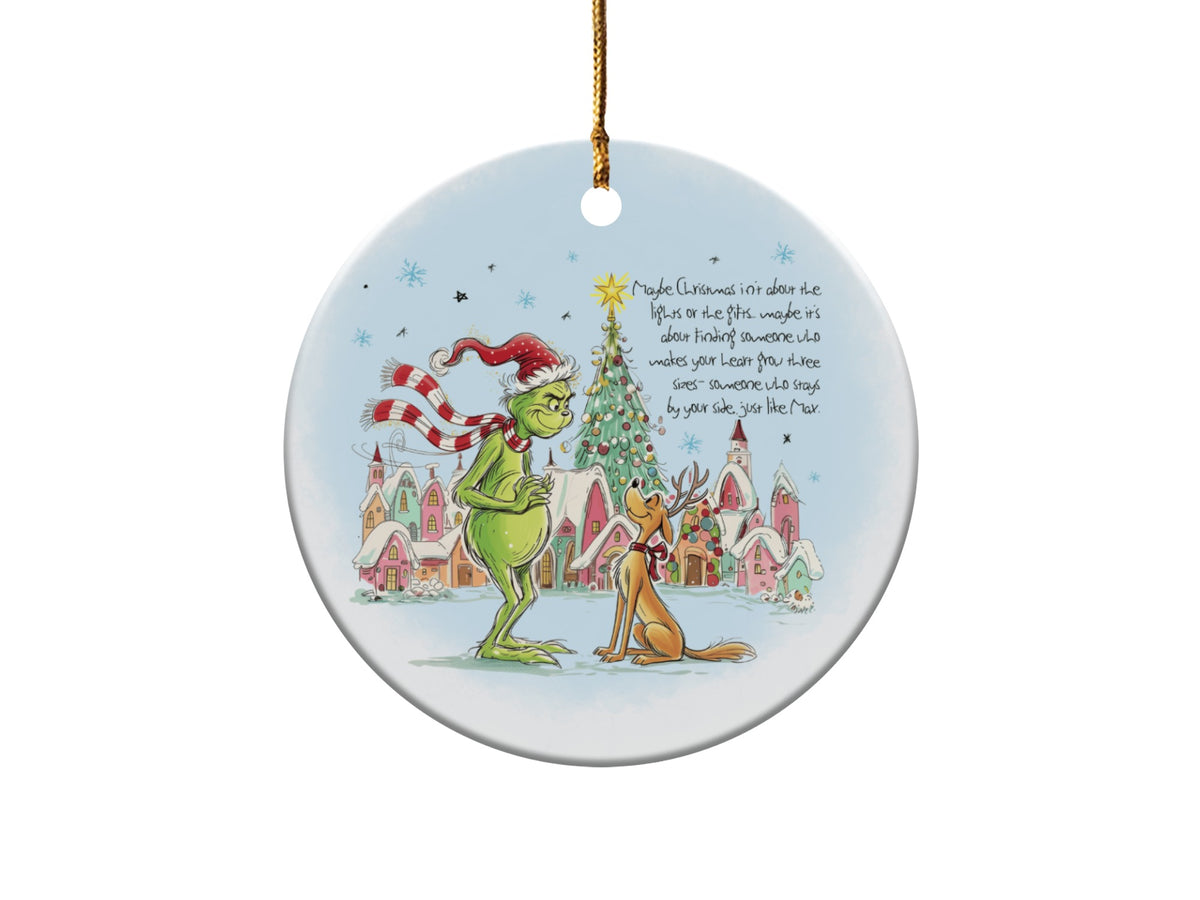 The Grinch and Max stand before a Christmas tree with quote: "Maybe Christmas isn't about the lights or the gifts...".