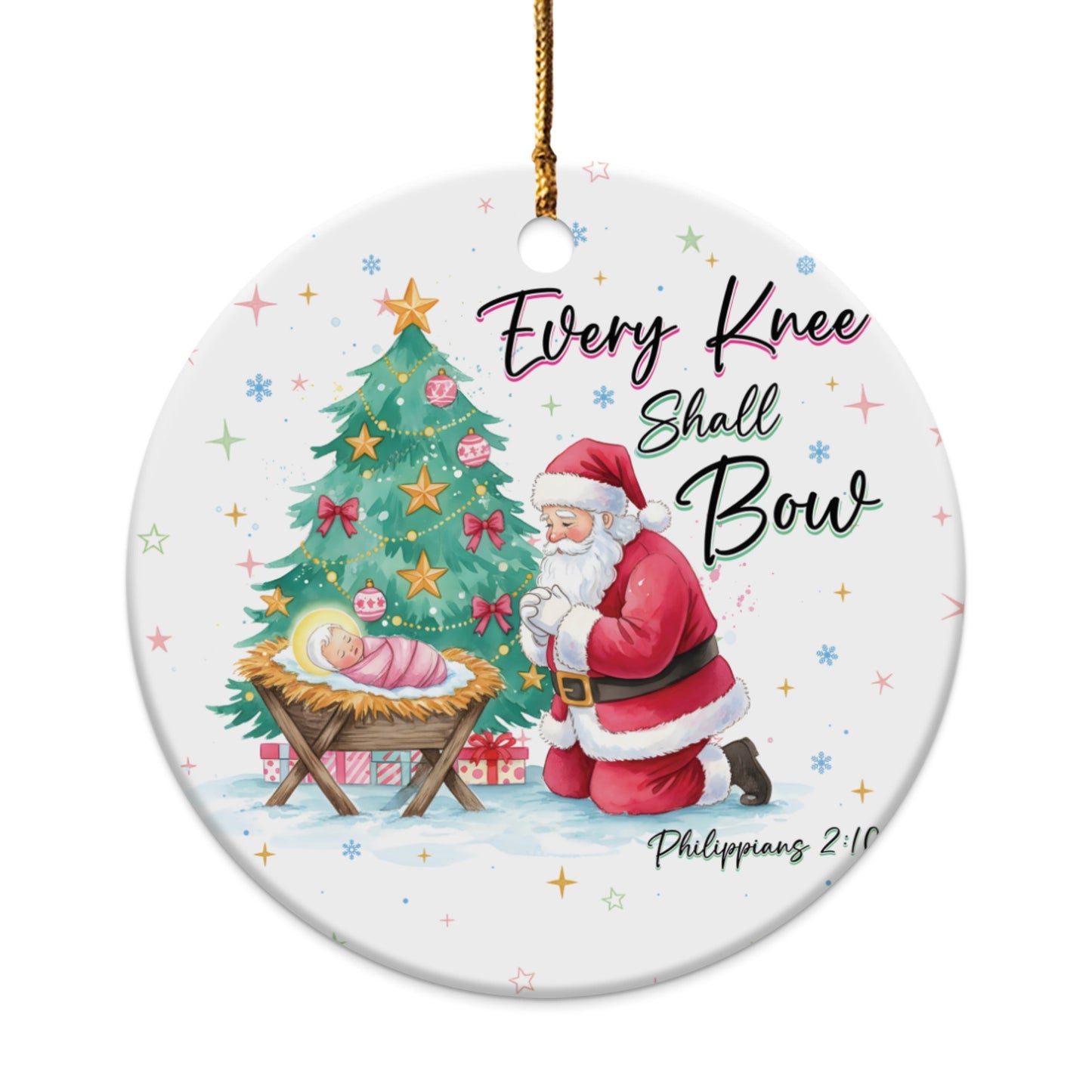 Santa kneeling before baby Jesus in manger, with Christmas tree. Text reads "Every Knee Shall Bow Philippians 2:10".