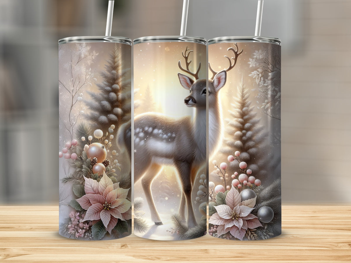 Three tall tumblers display a continuous winter scene featuring a deer, snowy pine trees, and pastel poinsettias.