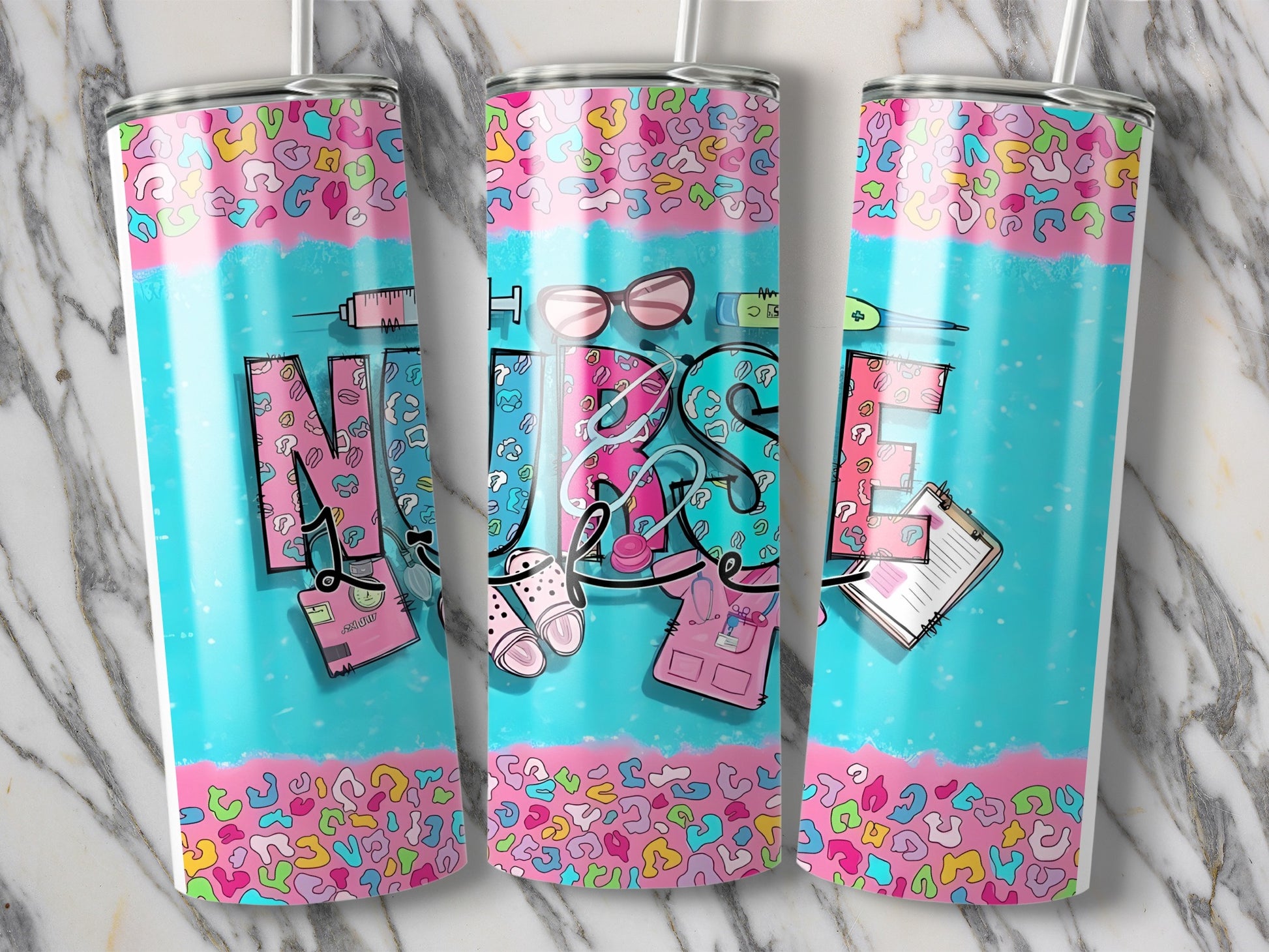 Tumbler with "NURS" text and medical-themed graphics on a leopard print background.