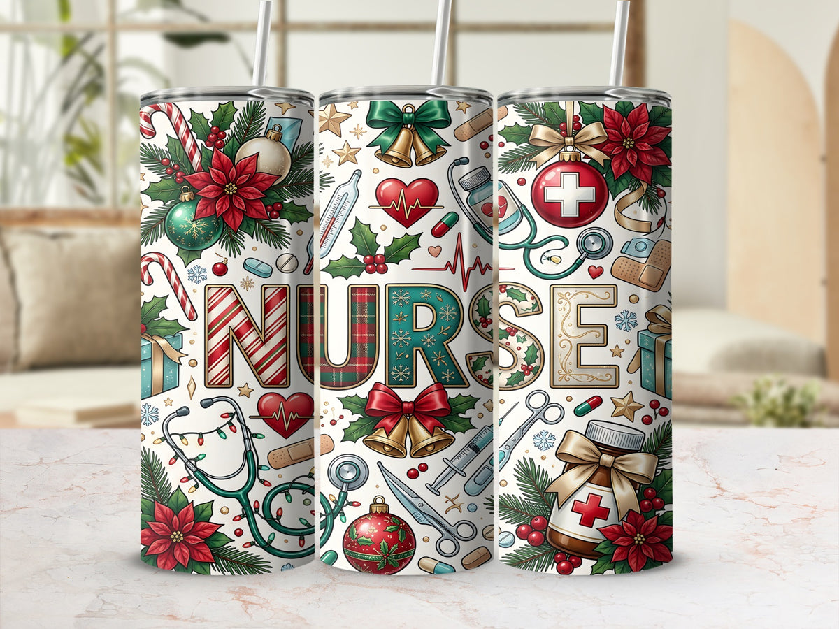 Three tall travel tumblers with straws, featuring a Christmas nurse design and medical icons.