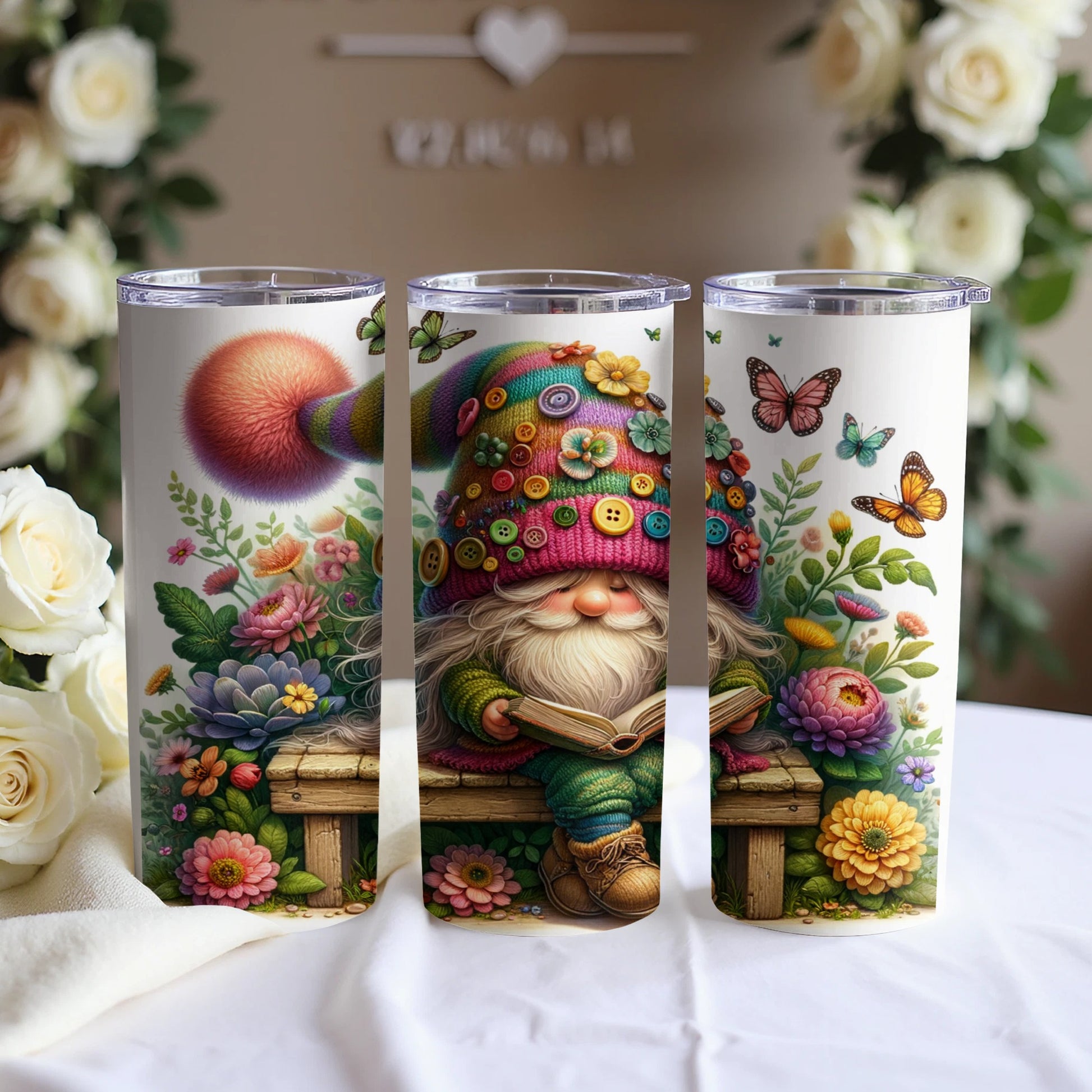 Gnome with colorful hat and buttons reading a book on a bench, surrounded by flowers and butterflies.