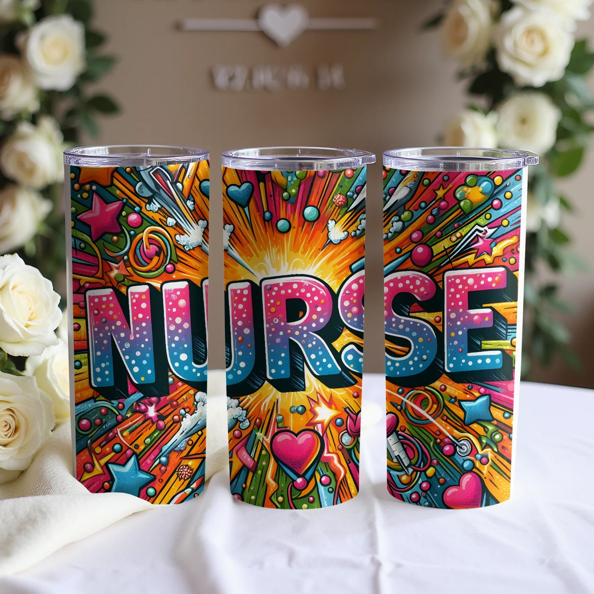 Three tumblers with colorful "Nurse" text and starry background.