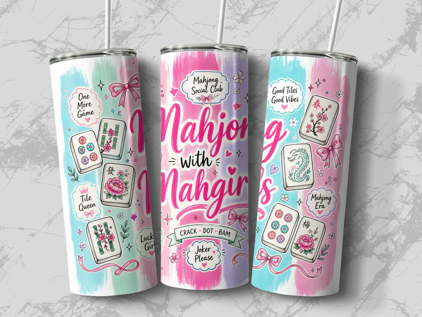 Three tumblers with pastel brush strokes and Mahjong tile designs.
