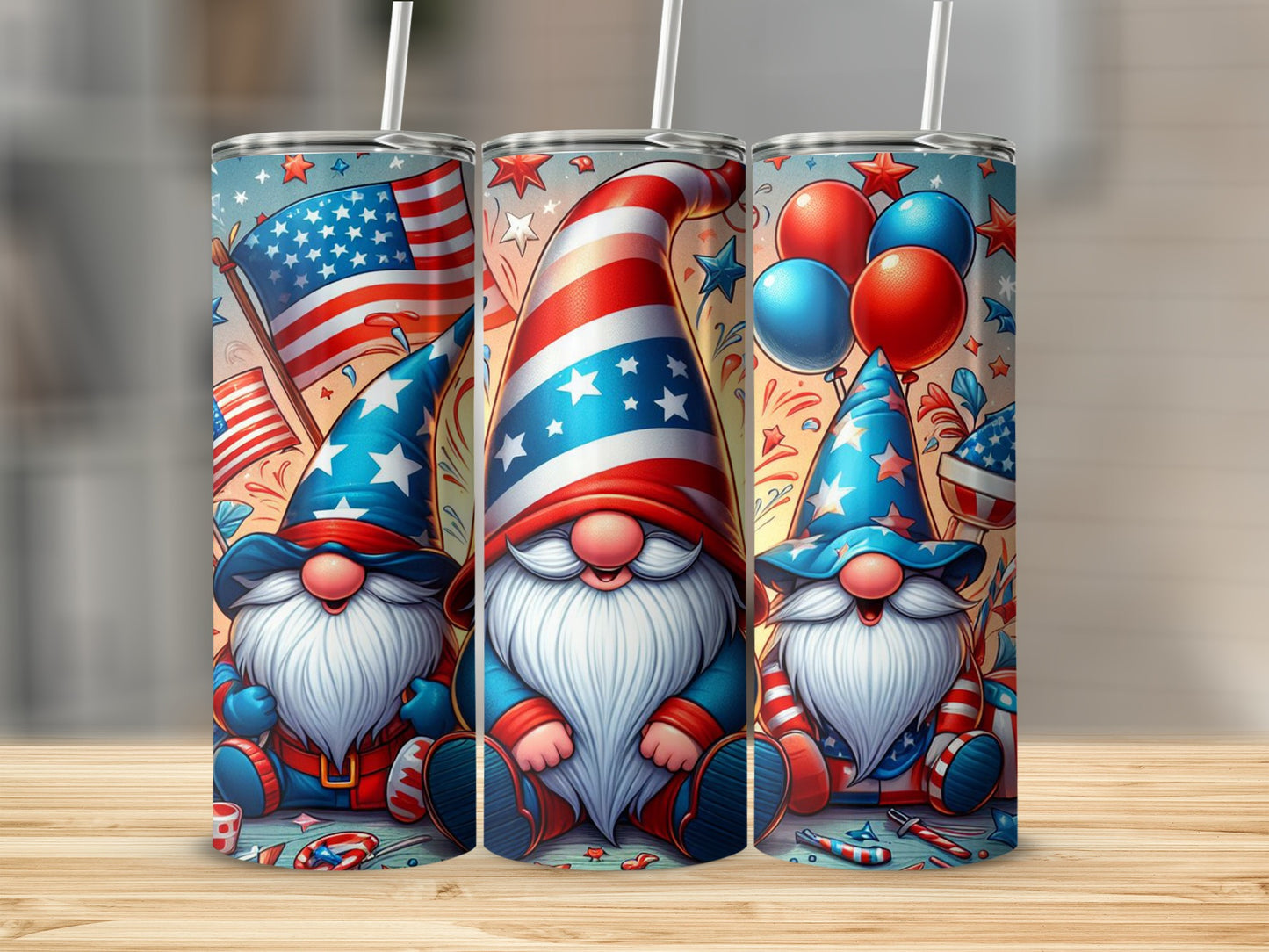 Three patriotic gnomes with flags and balloons for Fourth of July.
