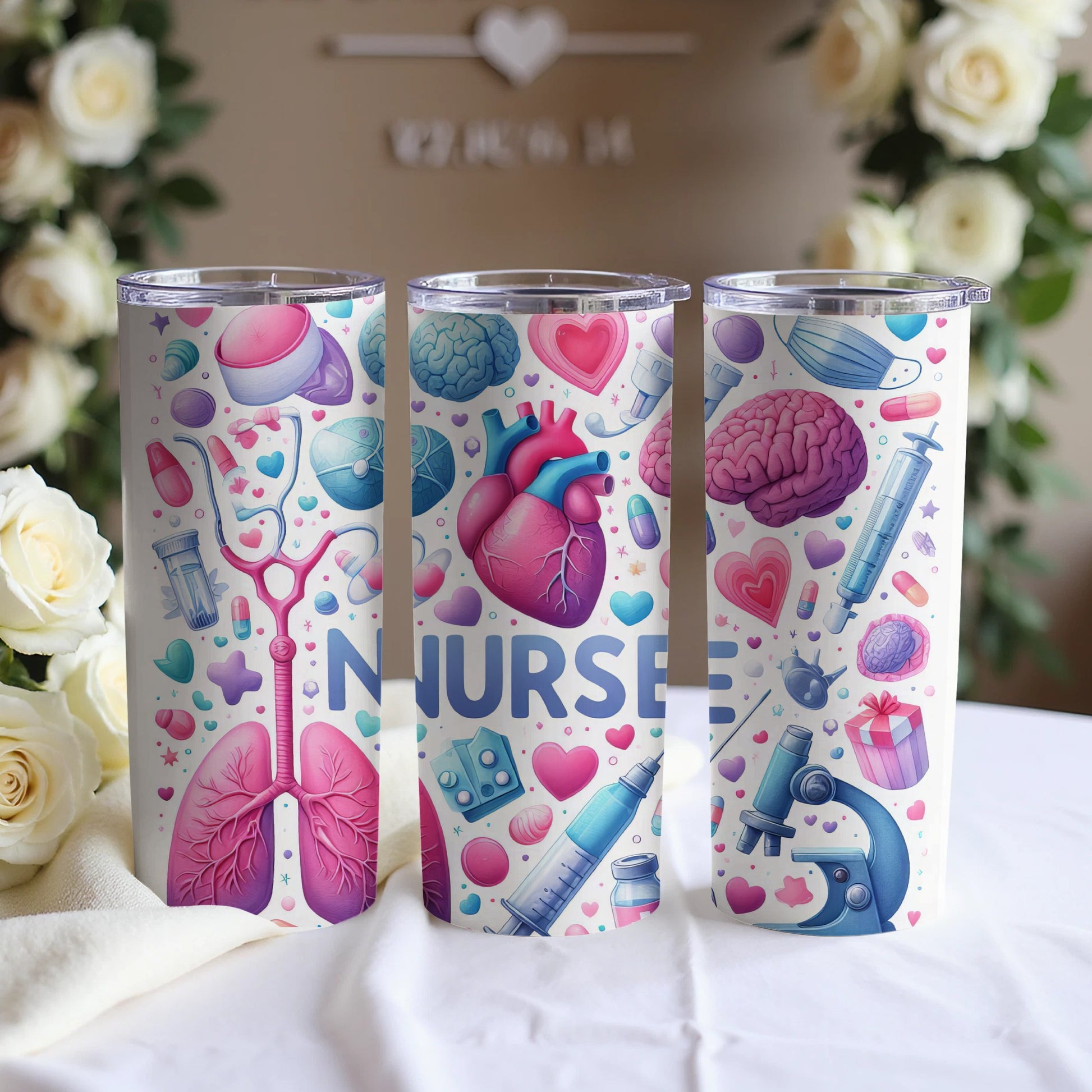 Nurse tumbler with medical icons like hearts, lungs, and brains.