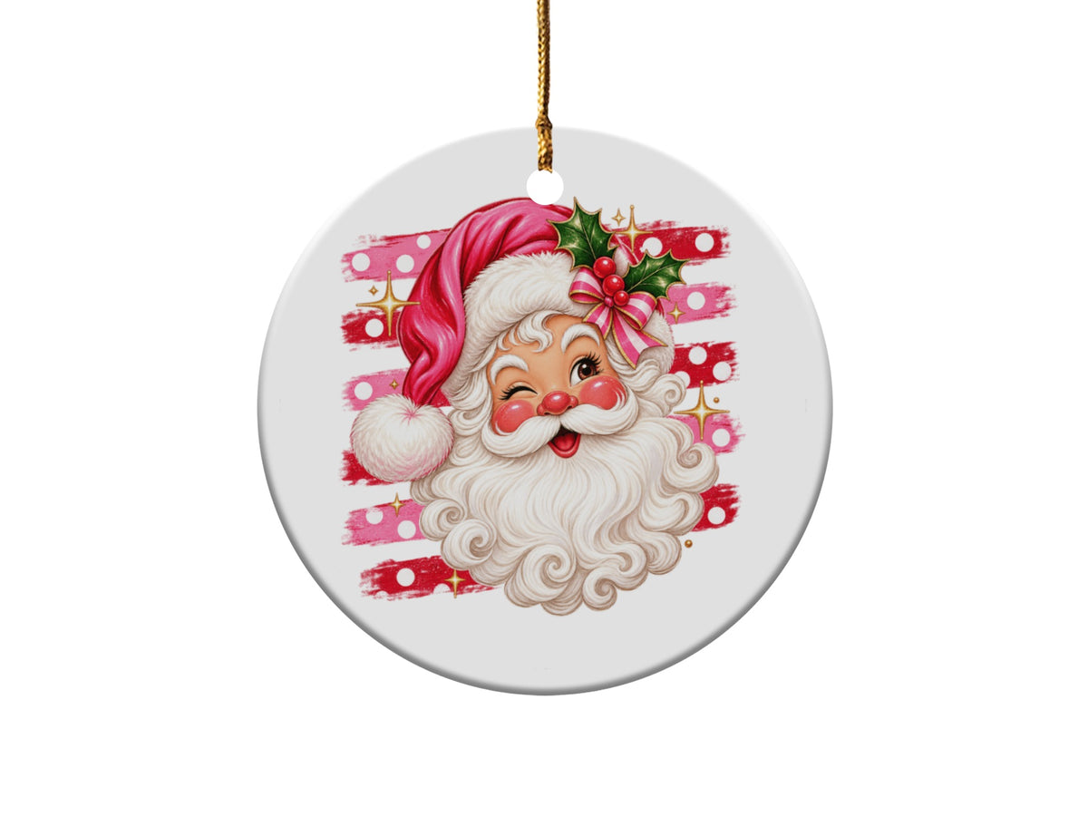 Round ceramic ornament with vintage Santa Claus design and festive background.