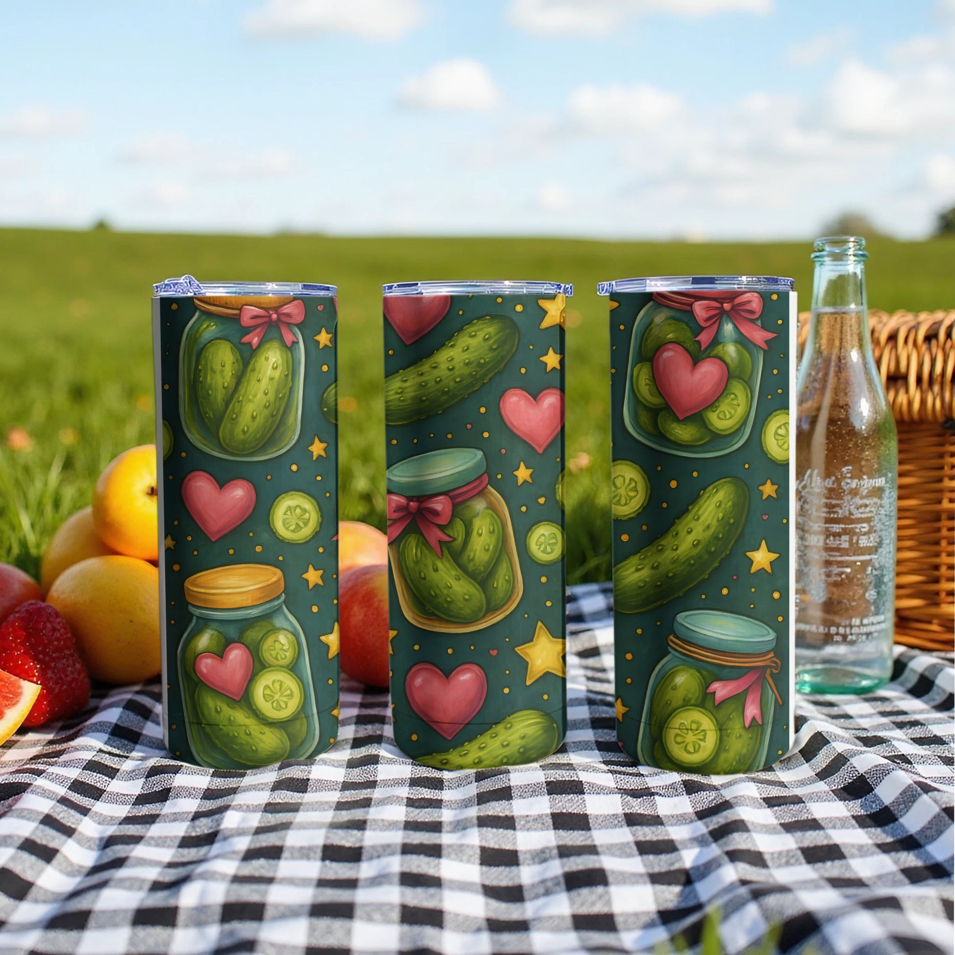 Three pickle-themed tumblers with hearts and stars on a checkered blanket.