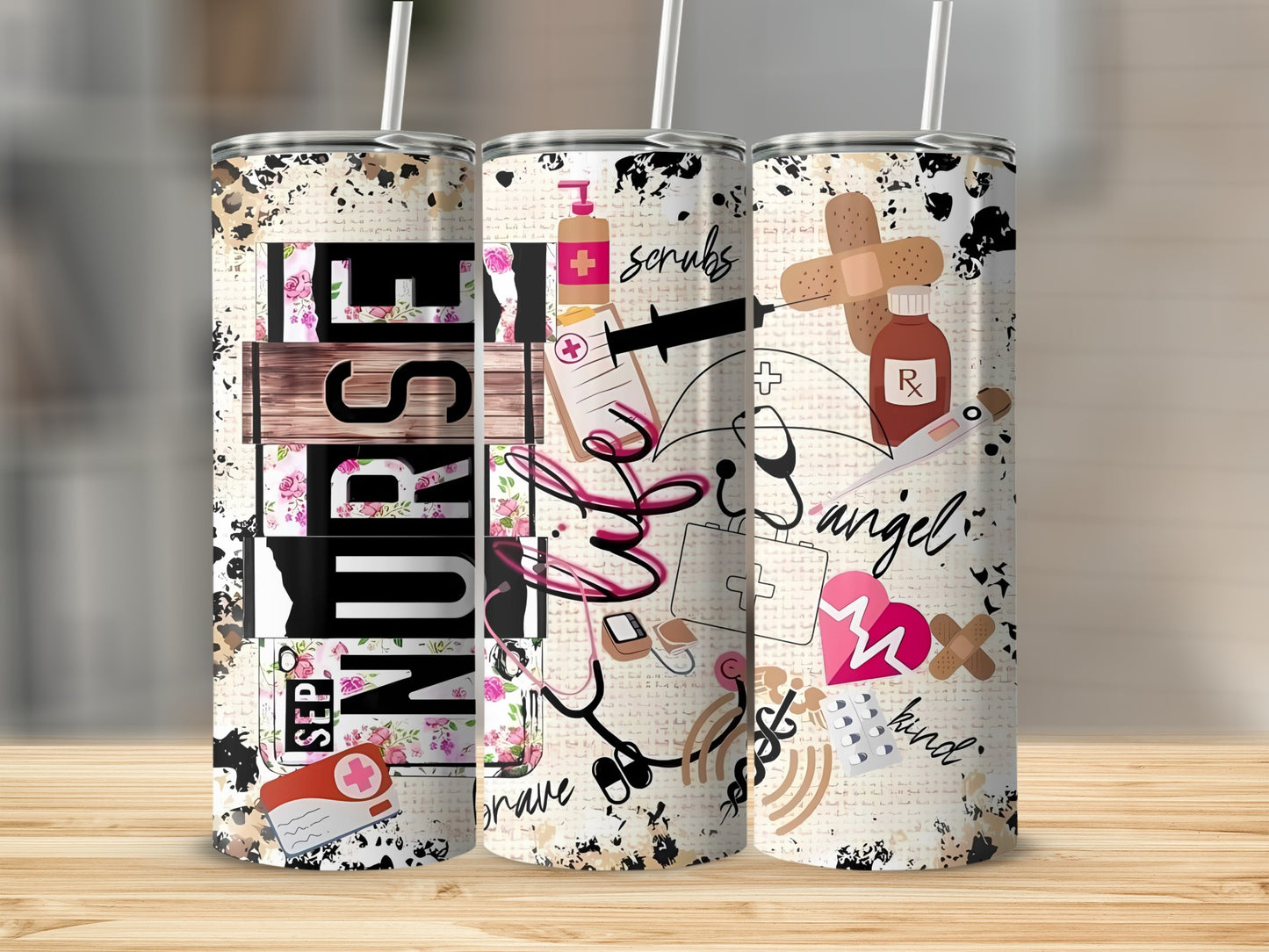 Nurse tumbler with medical motifs and floral accents.