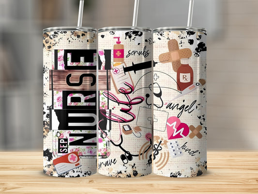 Nurse tumbler with medical motifs and floral accents.
