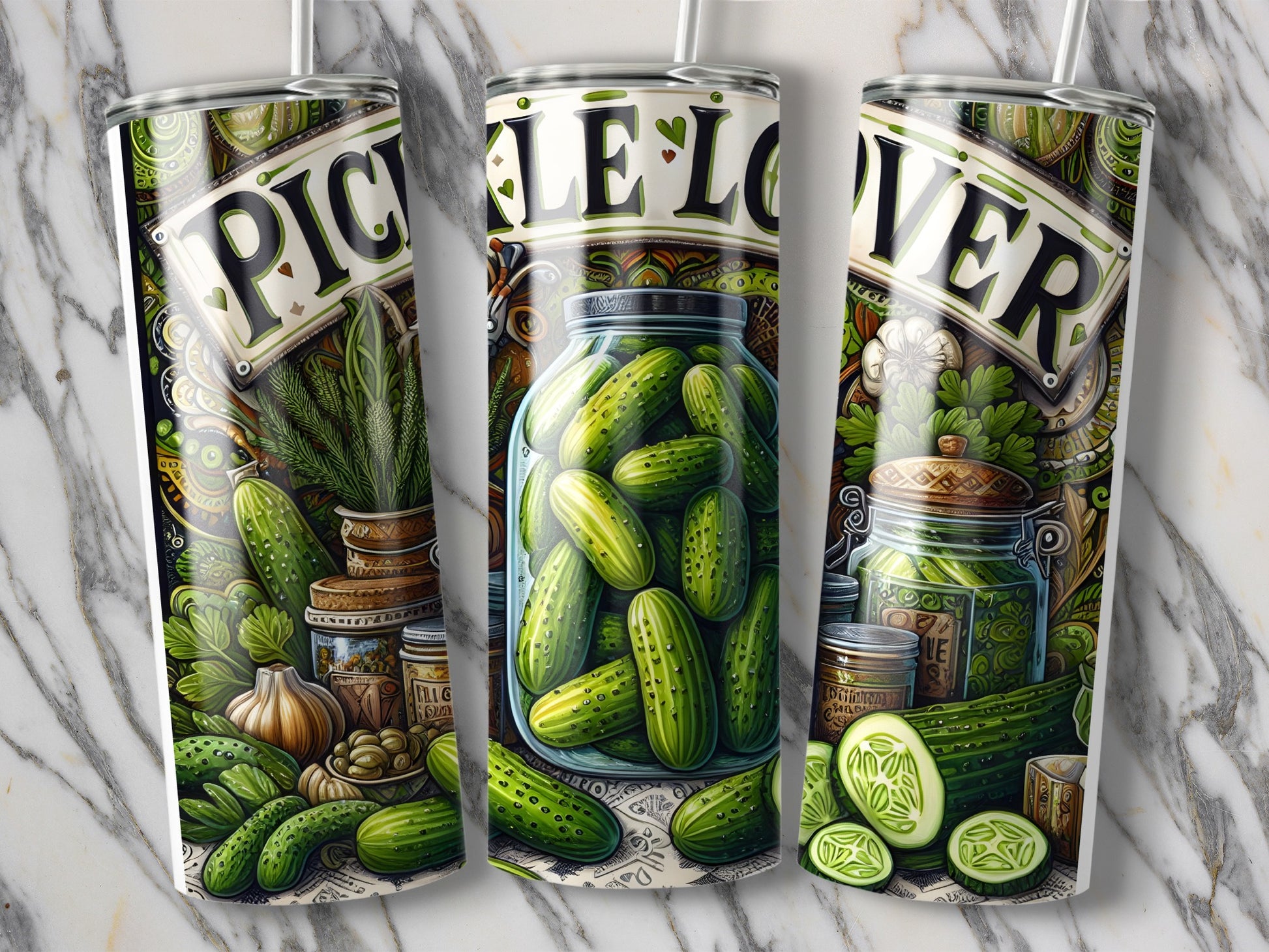 Three tumblers featuring dill pickles, garlic, and "Pickle Lover" text.