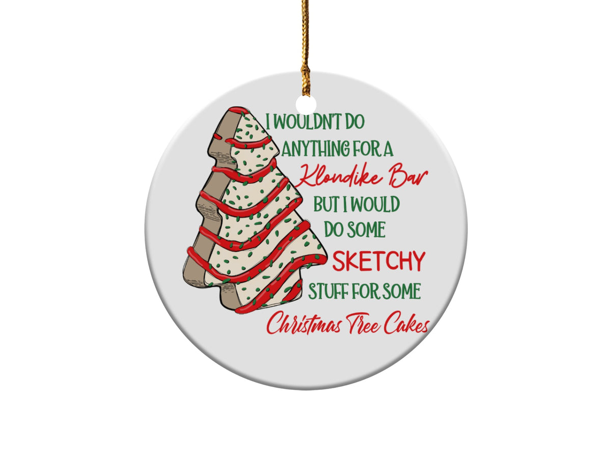 Christmas ornament with tree cookie graphic and text about Klondike bars.