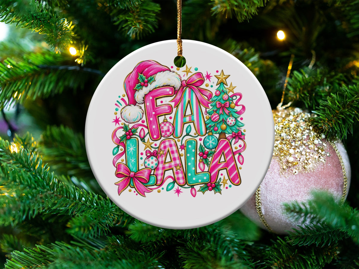 Ornament with "FA LA LA" text, Santa hat, Christmas tree, and festive decorations.