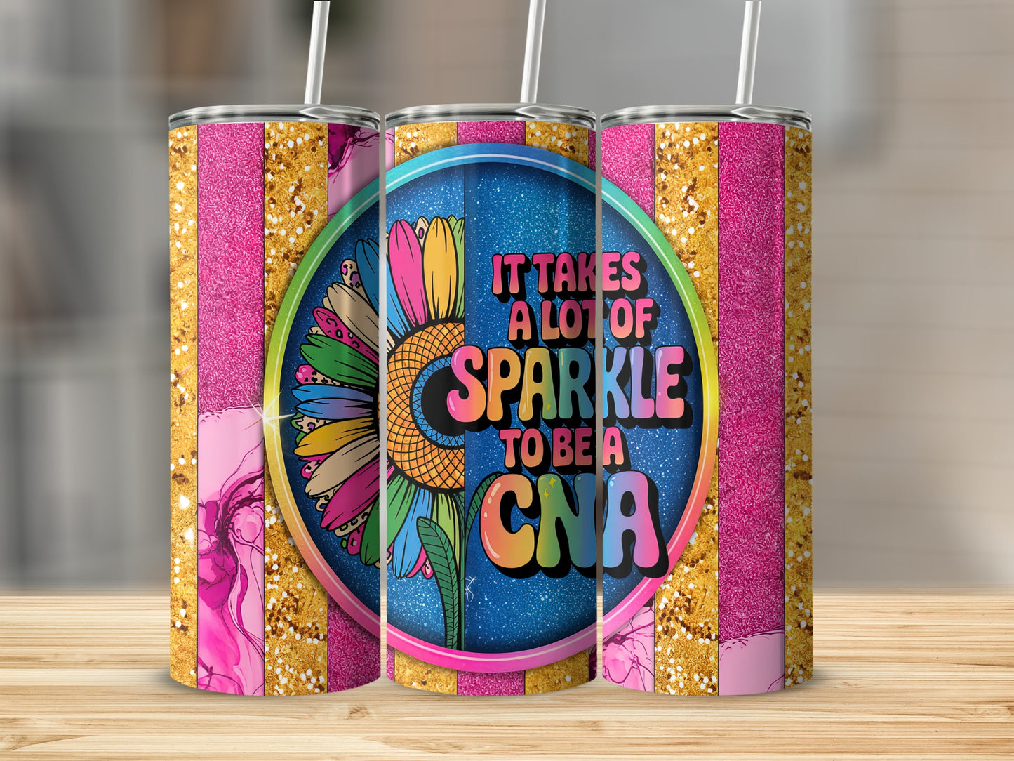 Tumbler with "It takes a lot of sparkle to be a CNA" and a colorful sunflower design.