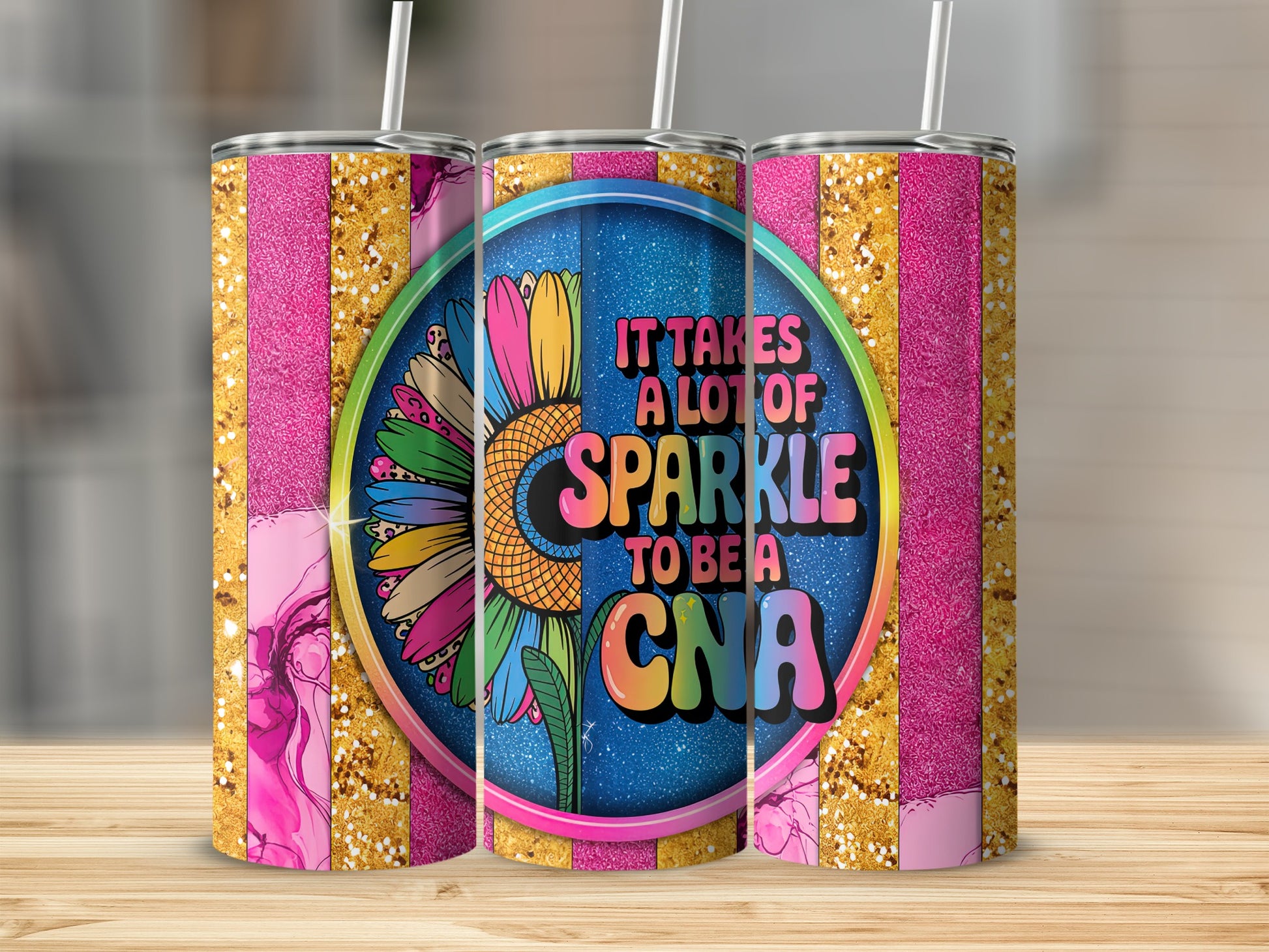 Tumbler with "It takes a lot of sparkle to be a CNA" and a colorful sunflower design.
