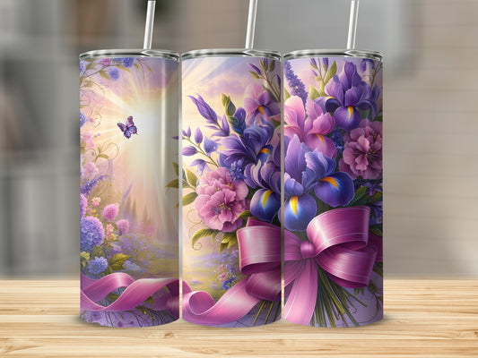 Floral bouquet design with butterfly and ribbon on three tumblers.
