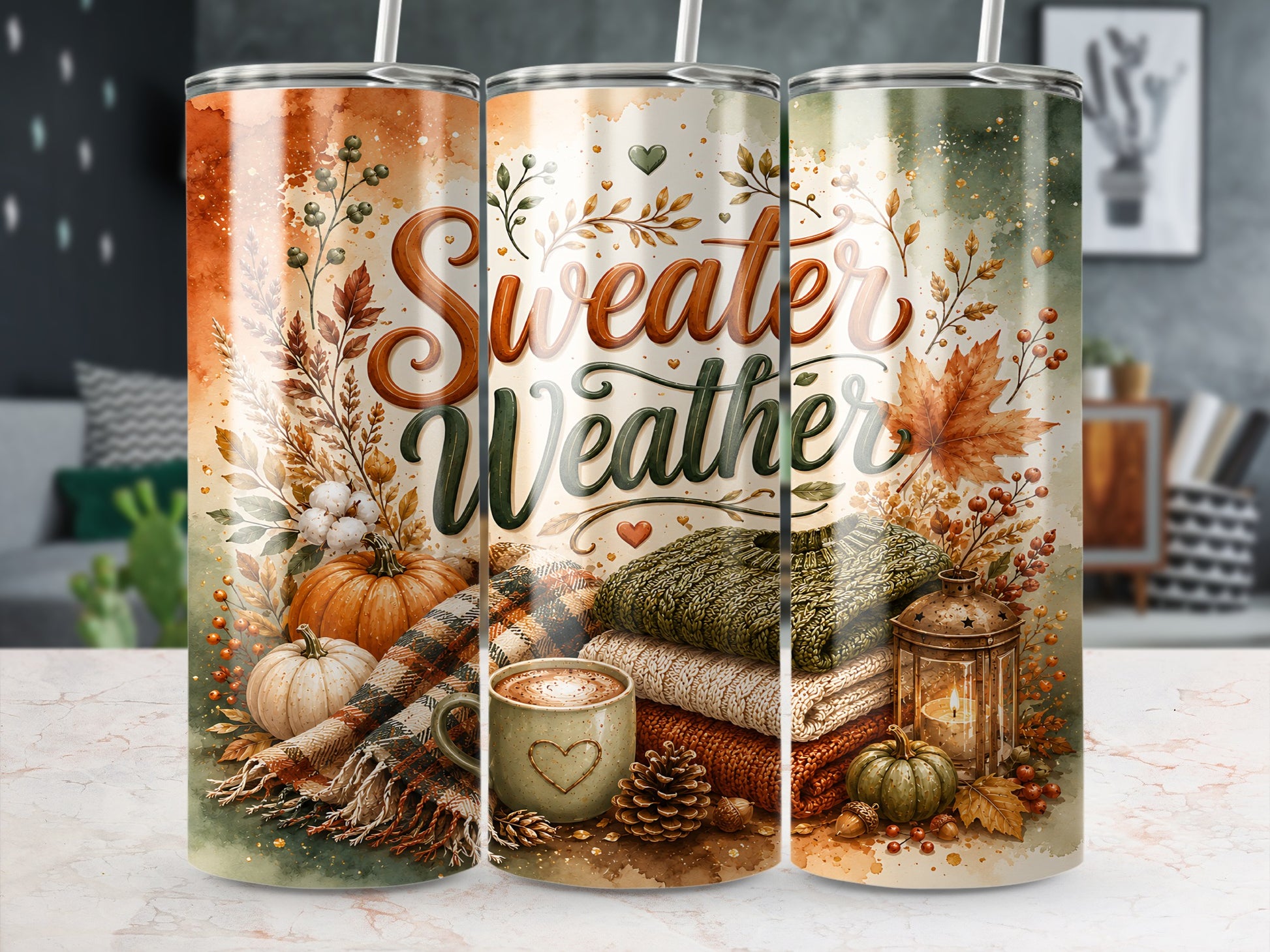 Three tumblers featuring "Sweater Weather" with autumn leaves, pumpkins, and cozy knits.