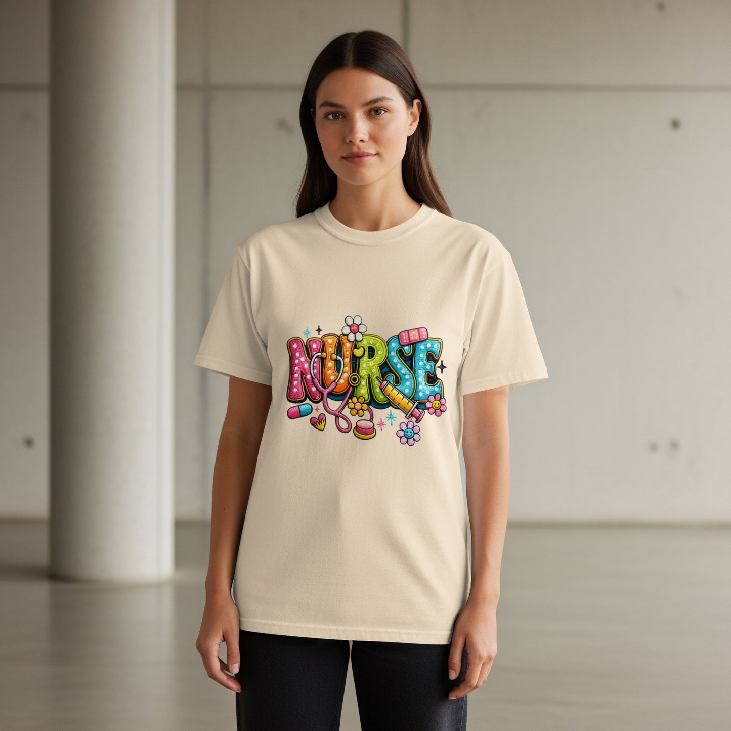 Light cream t-shirt with colorful "NURSE" text and medical icons.