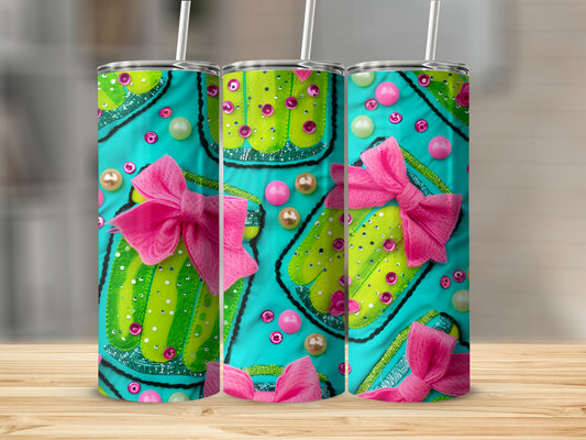 Three tumblers with a green polka dot gift box design and pink bows.