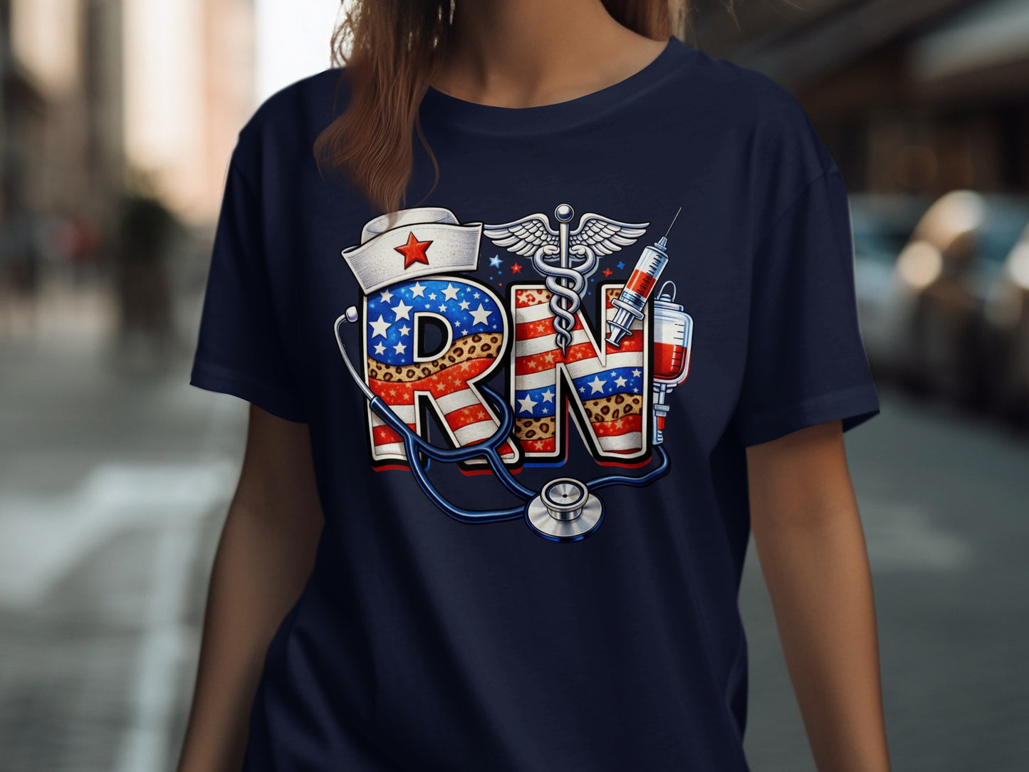 RN nurse shirt with American flag stethoscope and syringe design.