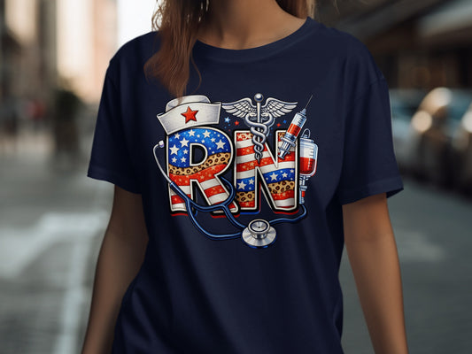 RN nurse shirt with American flag stethoscope and syringe design.