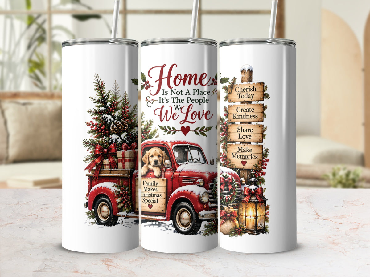 Three identical white tumblers with straws display a Christmas theme, featuring a red truck carrying a puppy and a decorated tree.