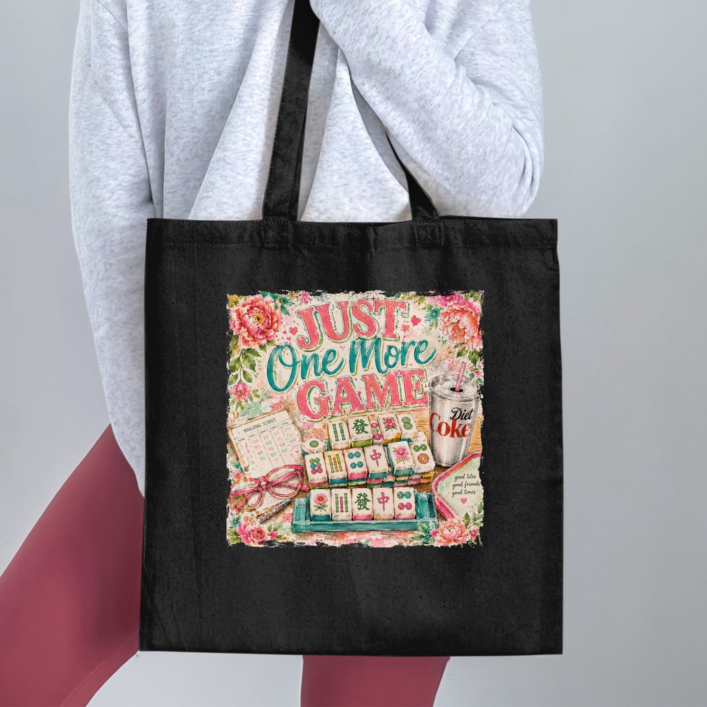 Tote bag with Mahjong tiles, Diet Coke, glasses, and text "JUST One More GAME".