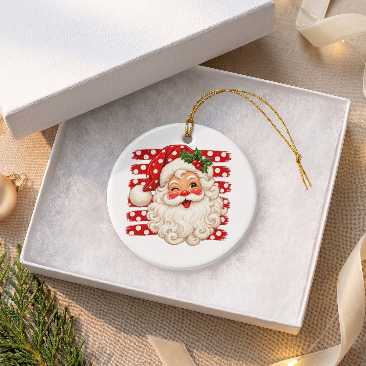 Round ceramic Santa ornament with polka dots and red stripes on white tissue paper.
