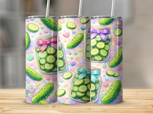 Three tall tumblers with a dill pickle and heart pattern.