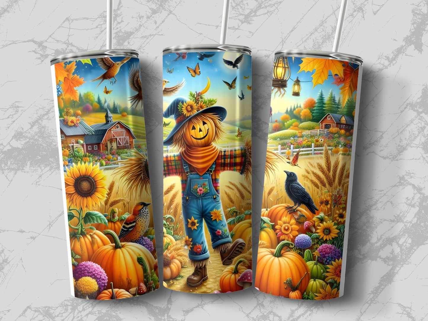 Three tumblers with a whimsical autumn harvest scene featuring a scarecrow and pumpkins.