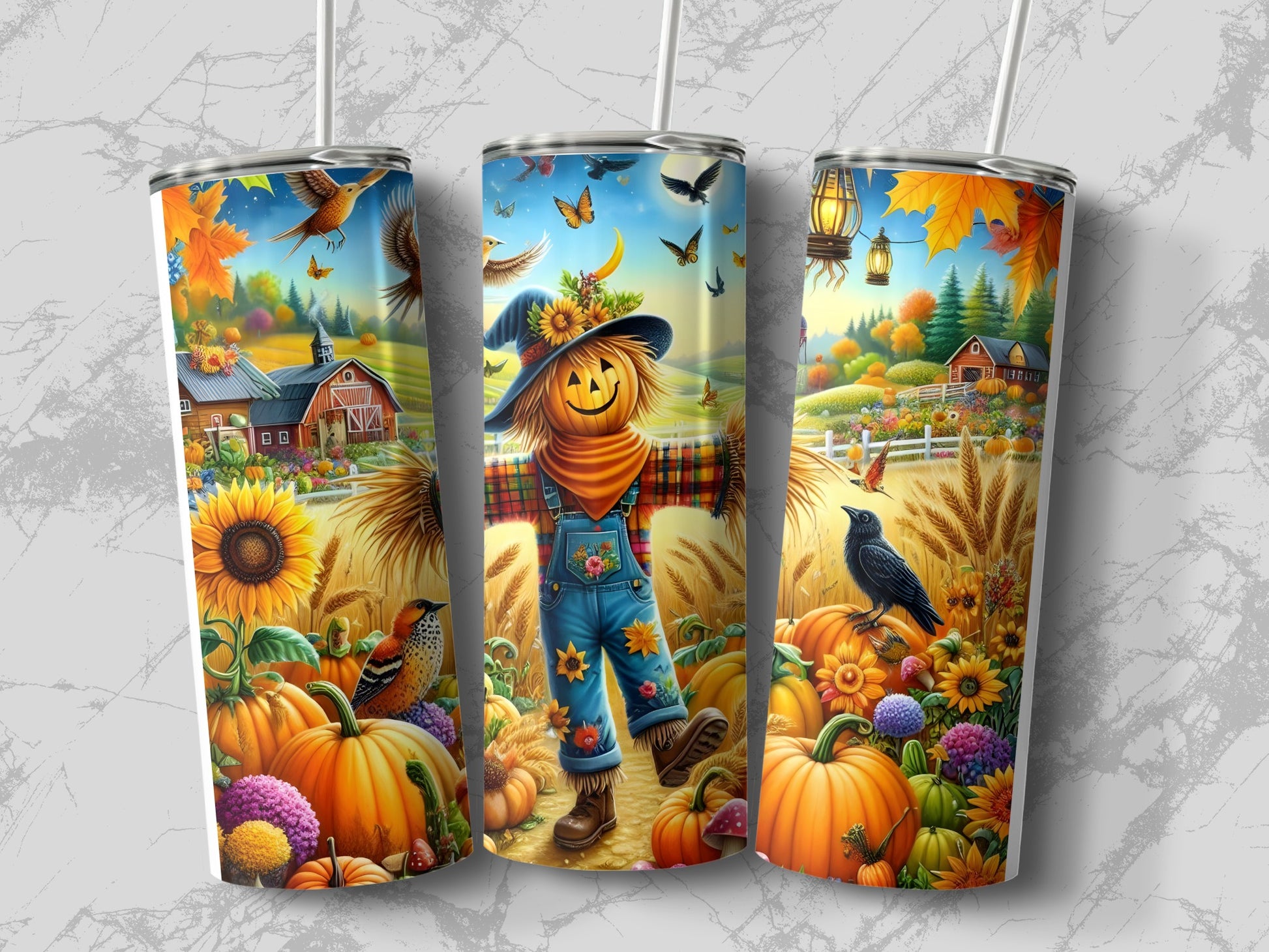 Three tumblers with a whimsical autumn harvest scene featuring a scarecrow and pumpkins.