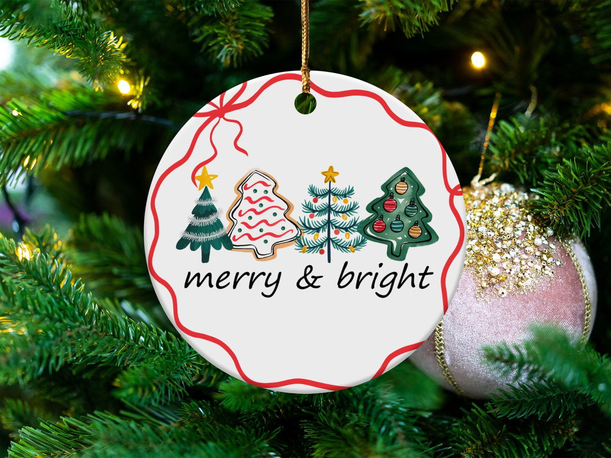 Round Christmas ornament with trees, cookies, and "merry & bright" text.