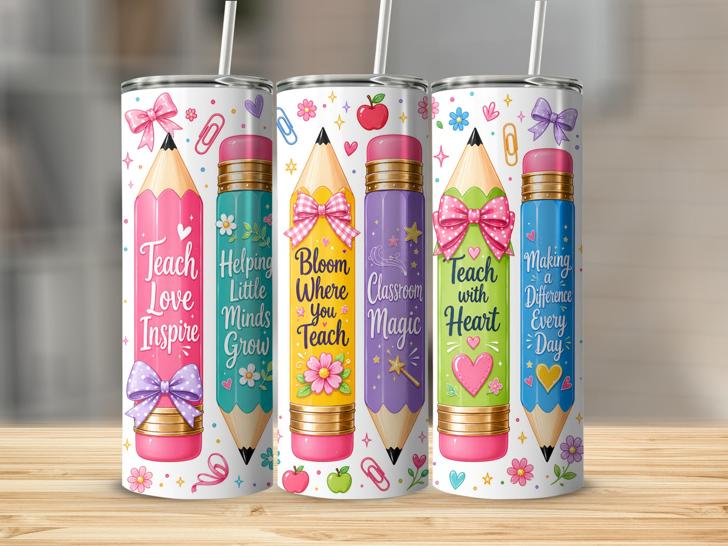 Tumblers with pencil designs reading "Teach Love Inspire," "Helping Little Minds Grow," and "Bloom Where You Teach."