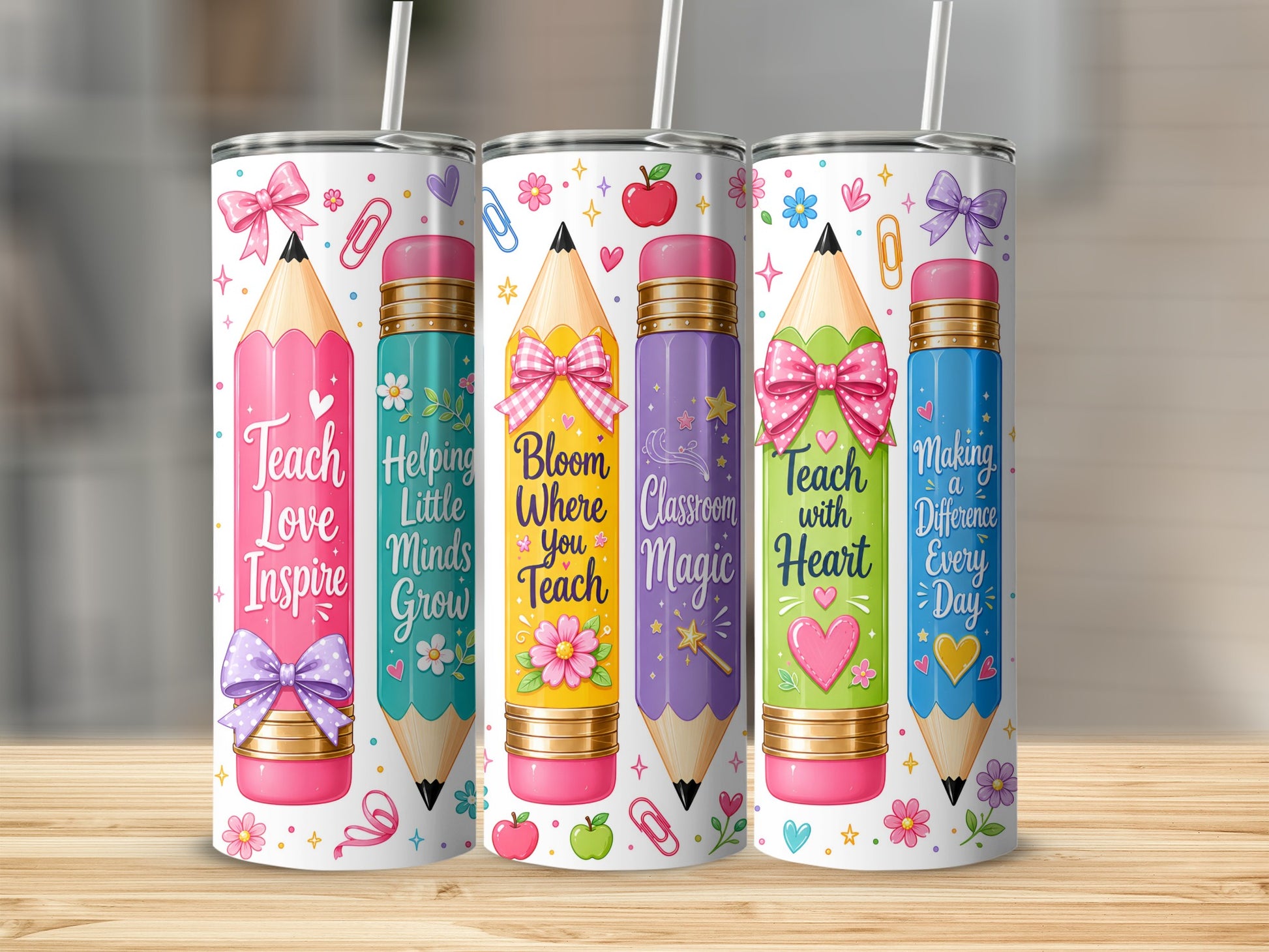 Tumblers with pencil designs reading "Teach Love Inspire," "Helping Little Minds Grow," and "Bloom Where You Teach."