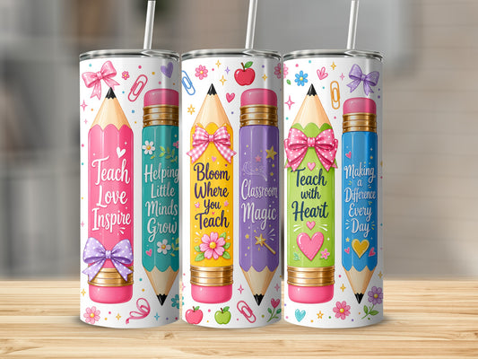 Tumblers with pencil designs and teacher appreciation quotes.