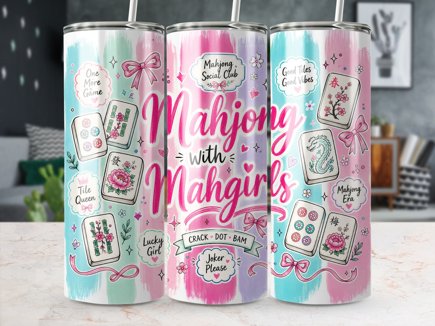 Three tumblers with "Mahjong with Mahgirls" text, mahjong tiles, and pastel brushstrokes.