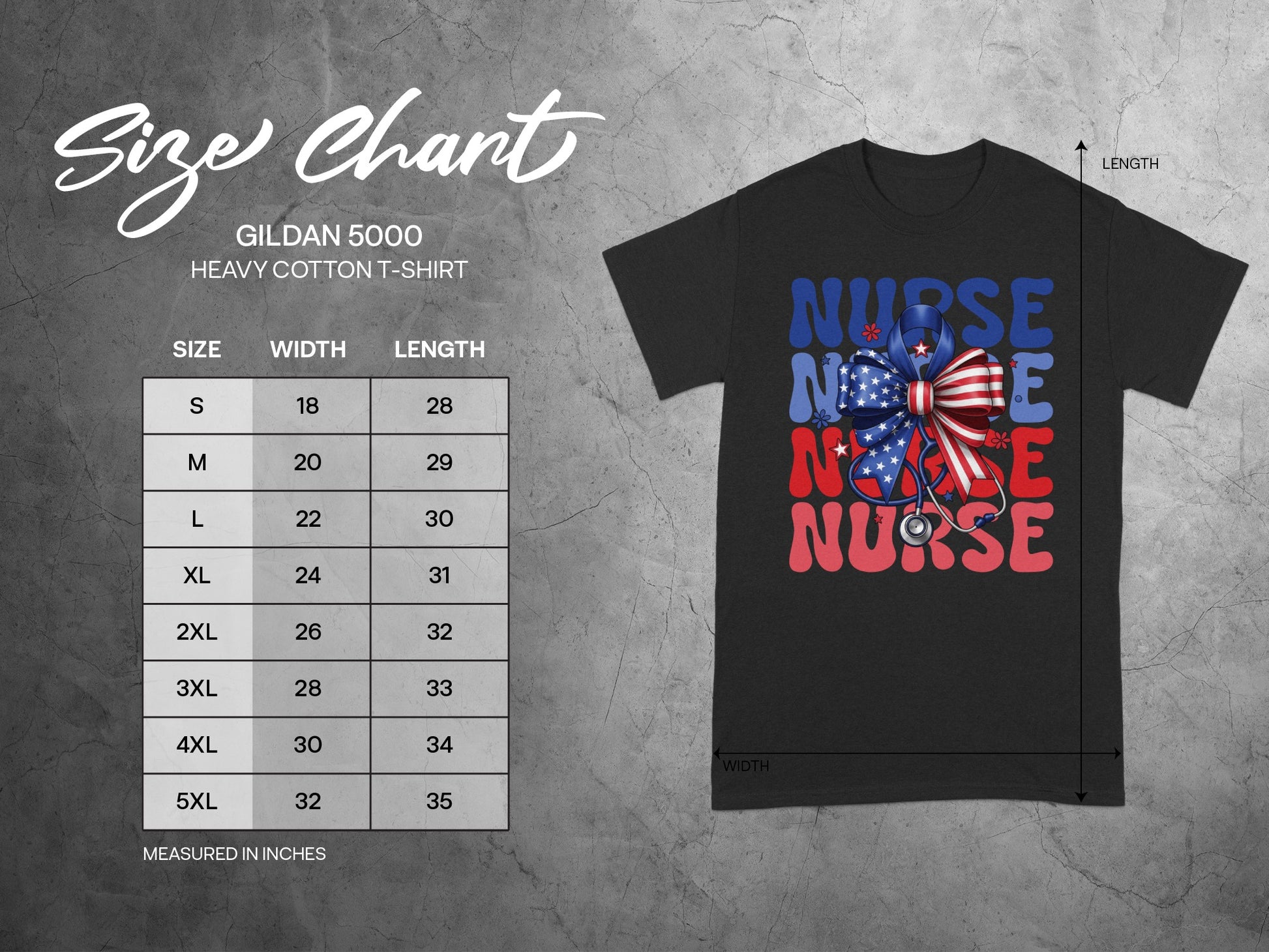 Gildan 5000 t-shirt size chart with measurements and "Nurse" graphic.