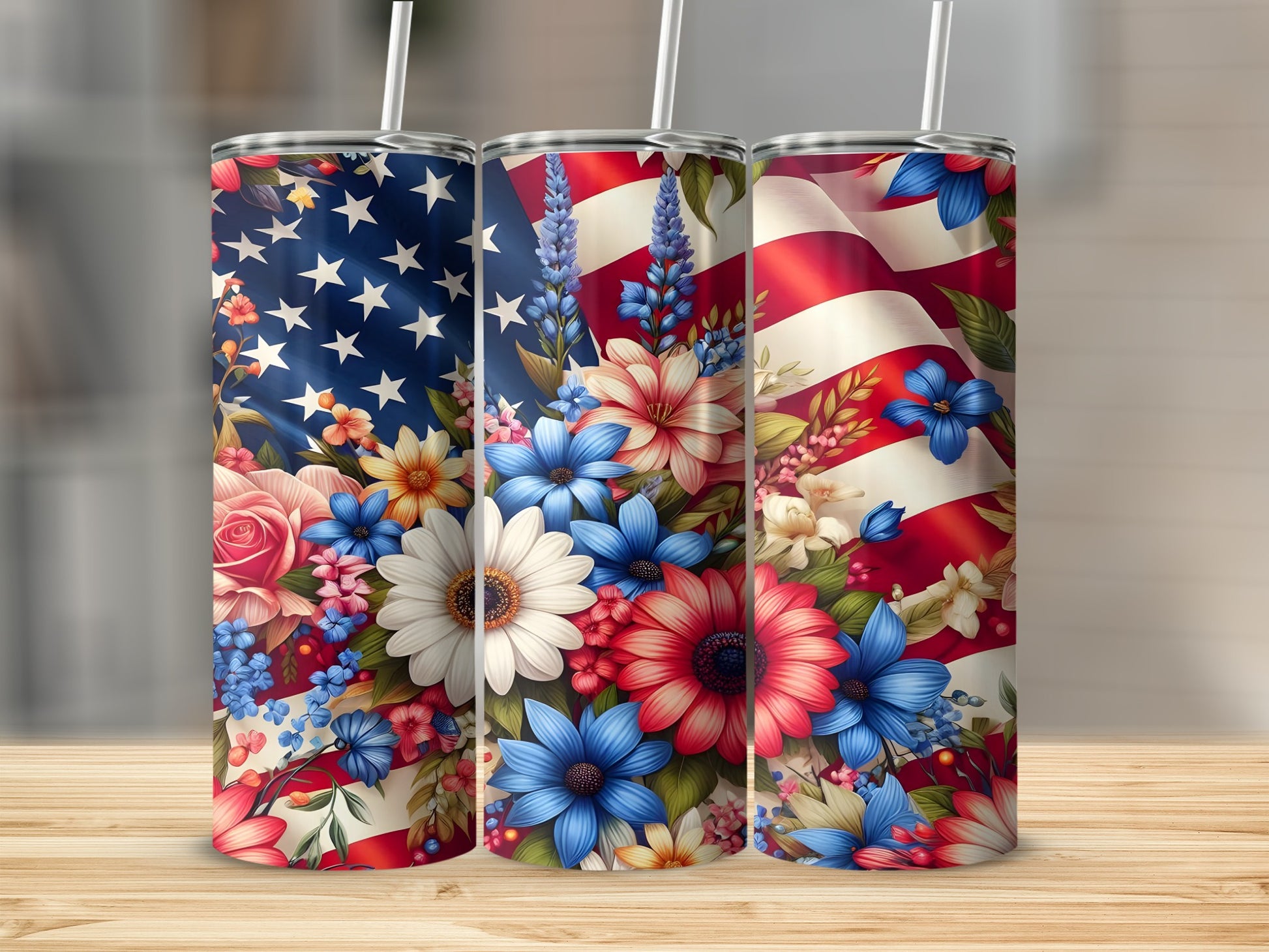 Three tumblers with American flag and floral designs.
