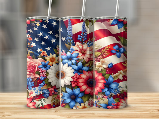 Three tumblers with American flag and floral designs.