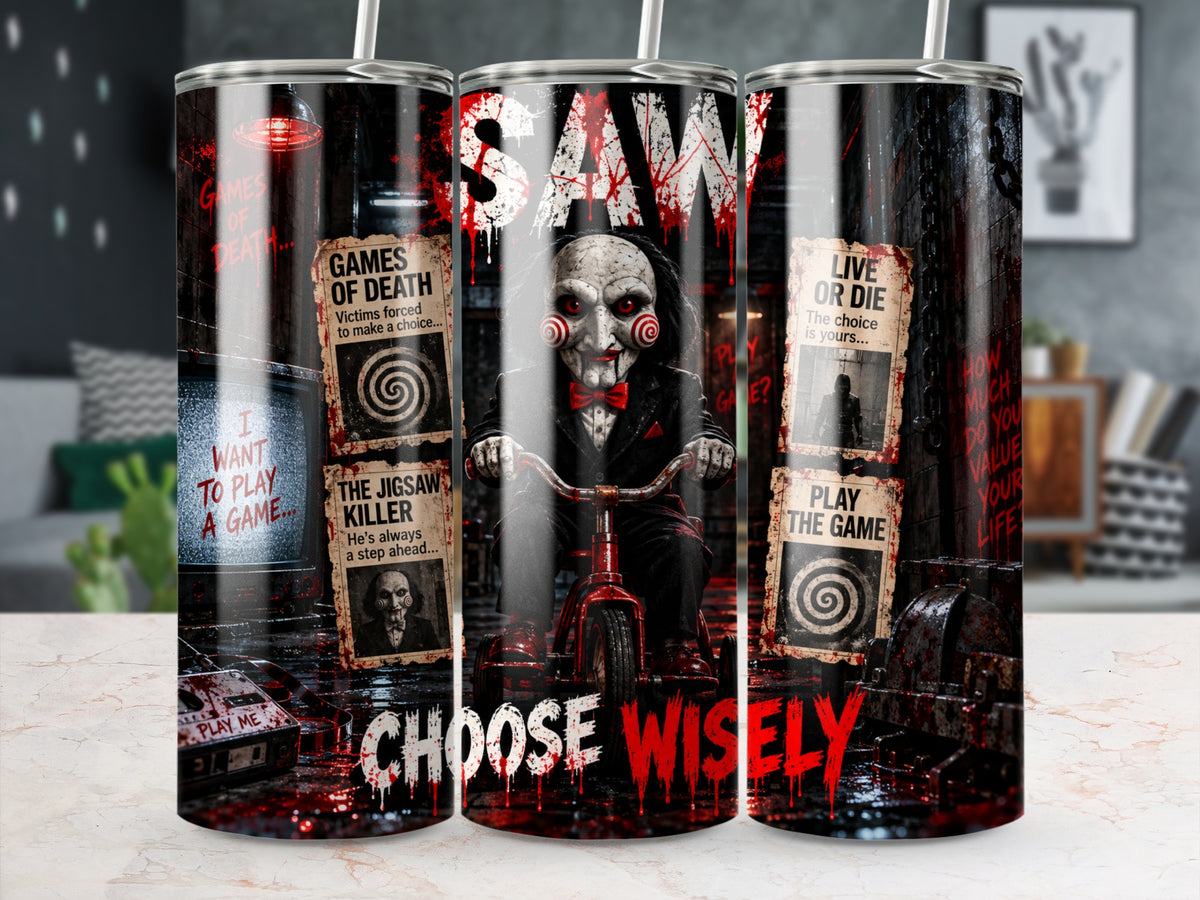 Three views of a stainless steel tumbler featuring a red, black, and white Saw horror movie design.