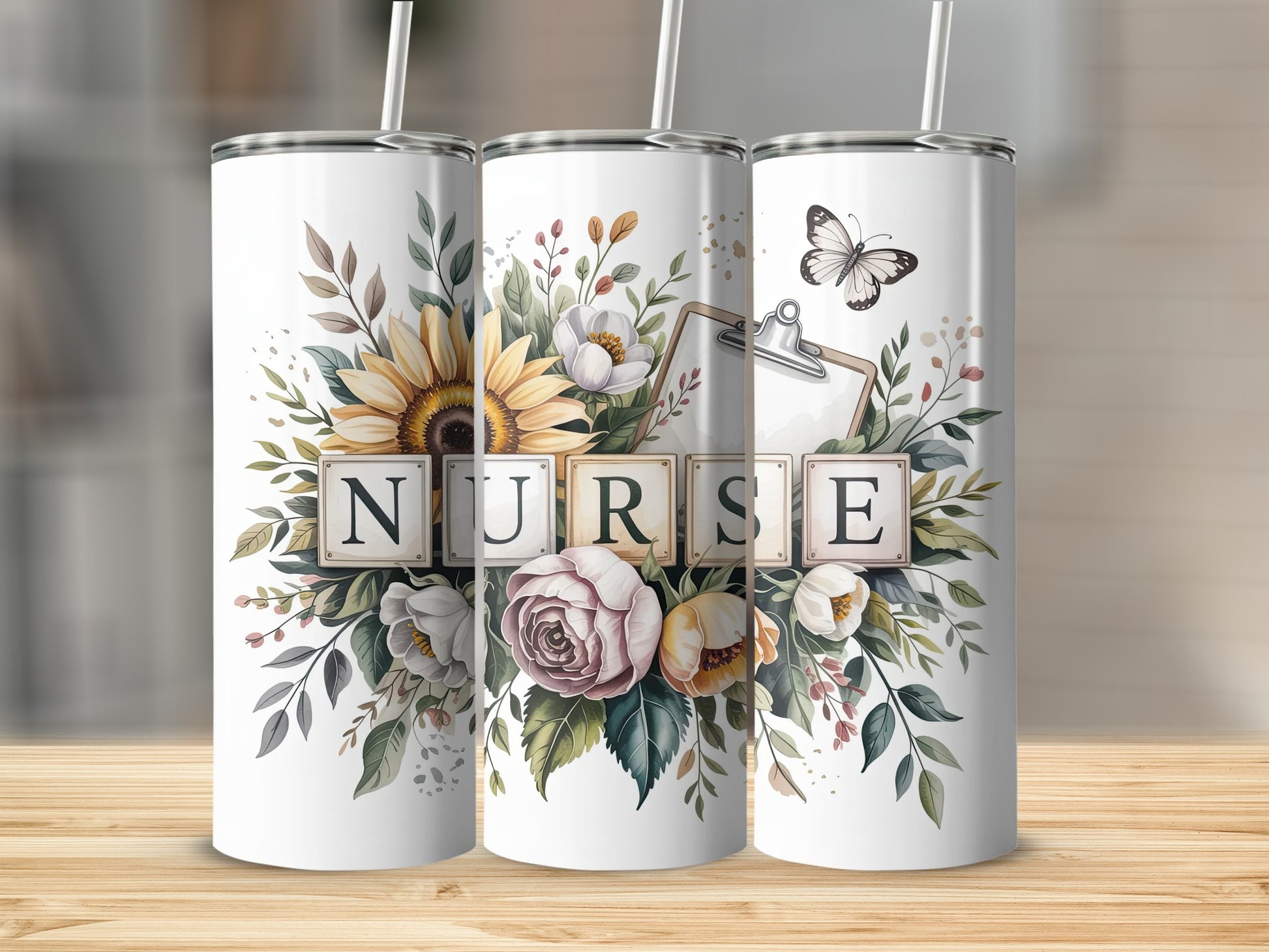 Tumbler with "NURSE" text, sunflower, rose, and floral accents.