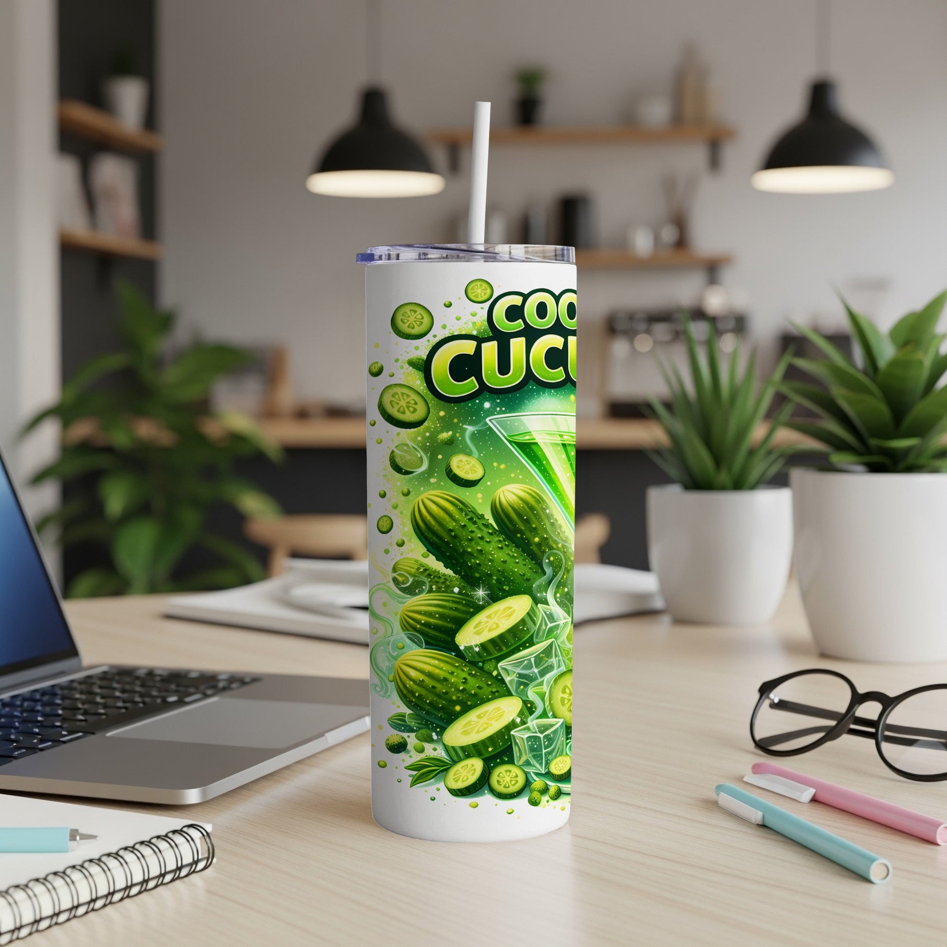 White tumbler with green cucumber pattern and "Cool Cucumber" text.