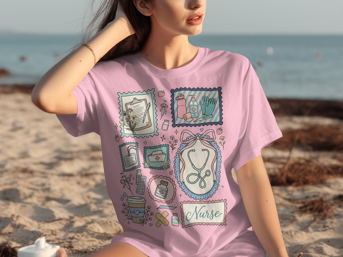 Pink t-shirt with nurse-themed icons and the word "Nurse".