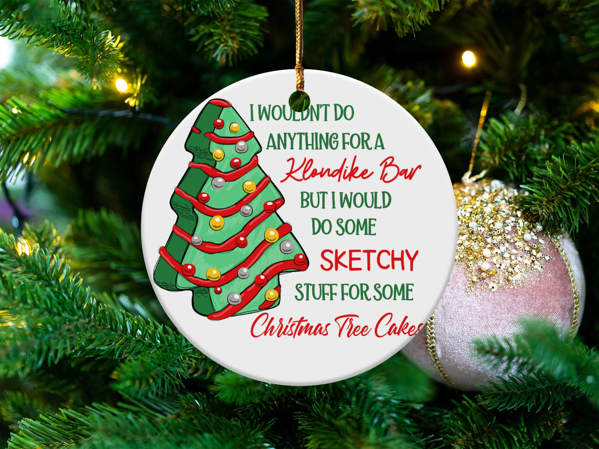 Round ornament with a Christmas tree graphic and text about Klondike Bars and Christmas Tree Cakes.