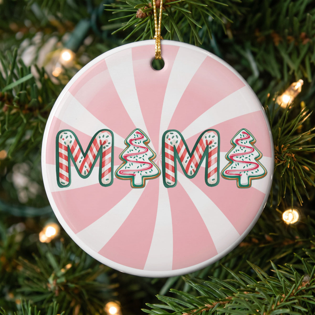 Round ornament with "MAMA" in candy cane and Christmas tree cookie letters.