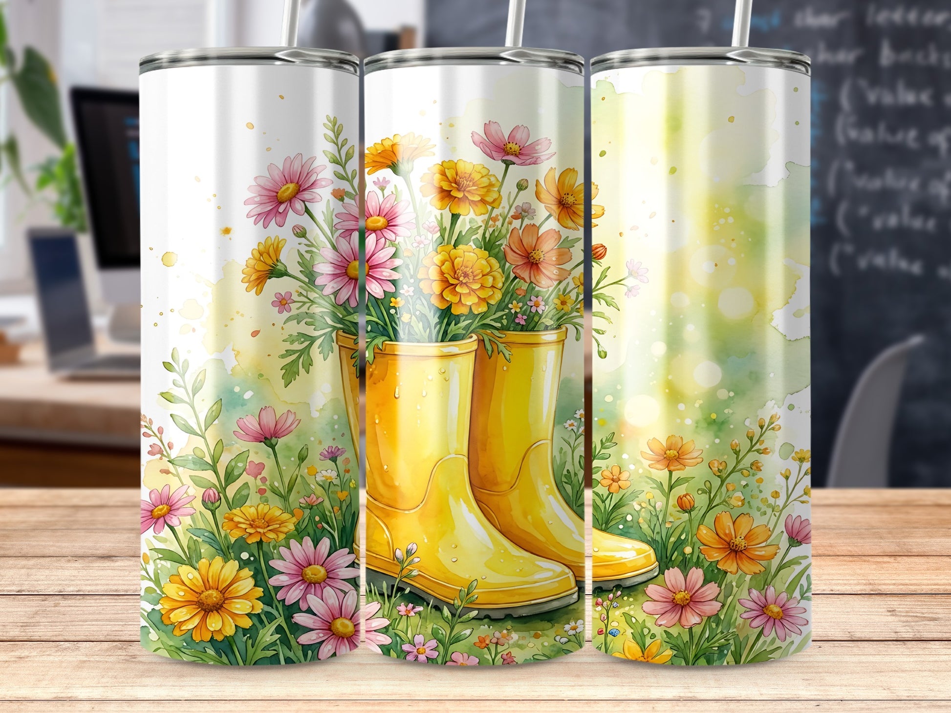 Yellow rain boots overflowing with colorful wildflowers on a white background.