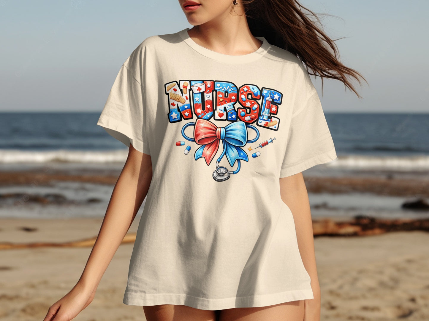 Cream t-shirt with "Nurse" text, patriotic stars, and medical icons.